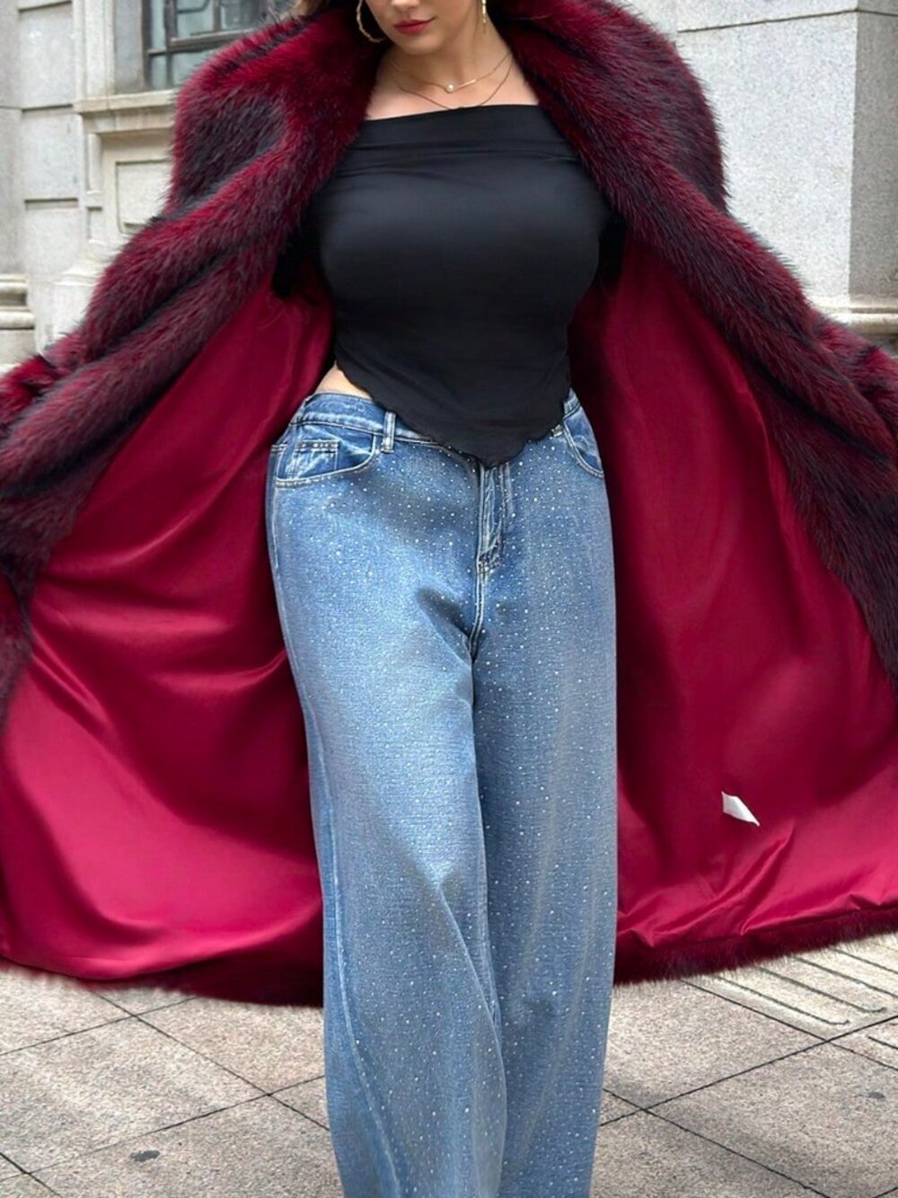 Burgundy Loose Women's Shawl Collared Belted Faux Fur Jacket - Picture 4 of 4